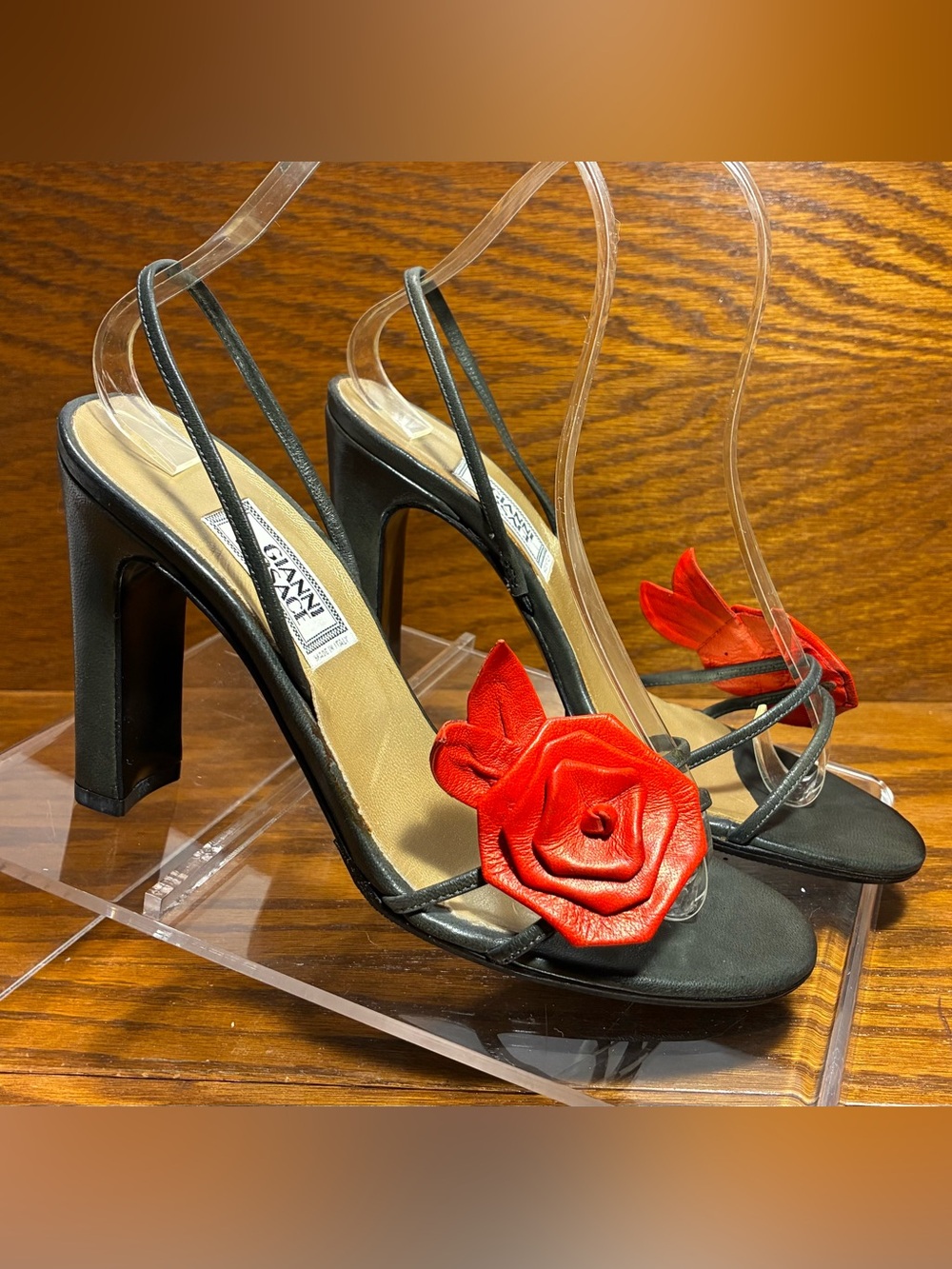 Y2K VTG Gianni Versace Floral Slingback Block Heel Sandals Gray Red EU37 US 7